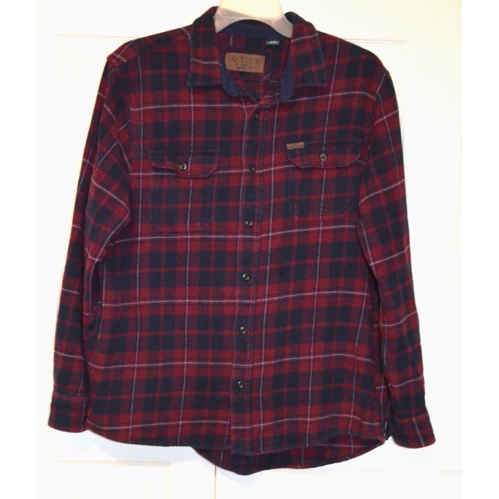 Orvis Shacket Men XL Red & Navy Blue Plaid Heavy Flannel Shirt Jacket‎ Pocket